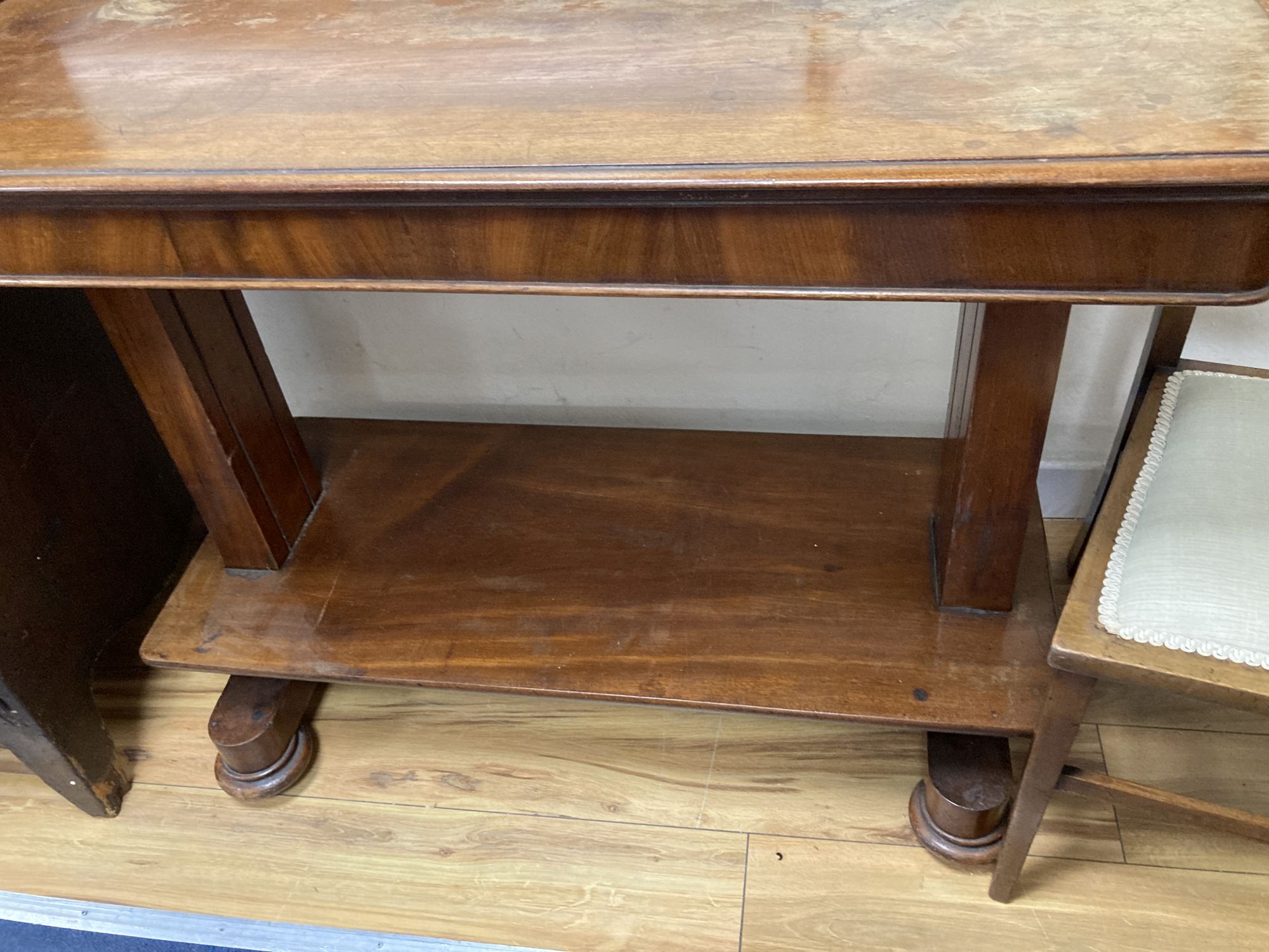 A Victorian adjustable mahogany dumb waiter, width 102cm, depth 48cm, together with an Art Nouveau inlaid mahogany side chair
